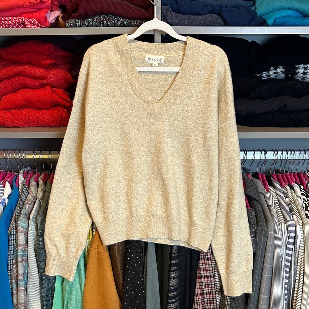 Marled 100% cashmere tan long sleeve v neck oversized sweater size S